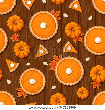 Vector Seamless Pattern With Pumpkin Pies, Pumpkins And Seeds On A Wooden Background.
