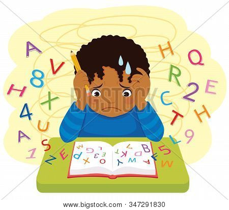 Dyslexia And Learning Difficulties. Dark Skinned Confused Kid Looking At Letters And Numbers Flying 