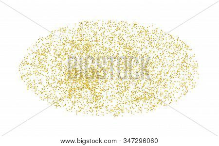 Oval, Ellipse Backdrop Golden Texture Crumbs. Gold Dust Scattering On A White Background. Particles 