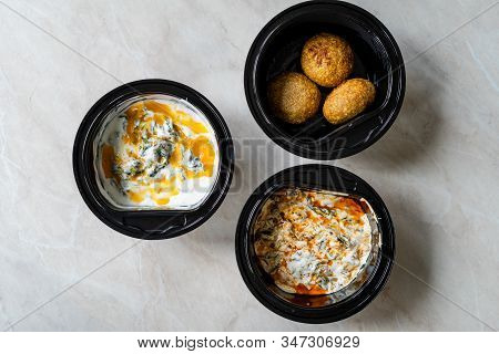 Take Away Heathy Turkish Food Chard, Spinach Borani With Yogurt And  Kibbeh, Stuffed Meatballs Icli