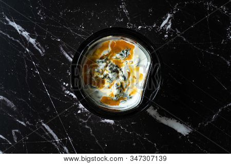 Take Away Healthy Turkish Food Spinach Borani With Yogurt / Yogurt And Red Oil Sauce.