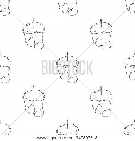 Easter Cake With A Candle And Eggs. Hand Drawing With A Line. On White Background. For The Spring Ho
