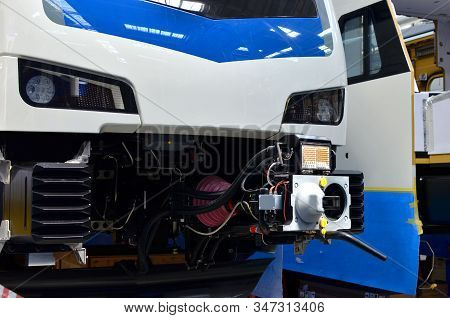 Inside Of The Rail Car Assembly Plant. Industrial Workshop For The Production Of High Speed Trains. 