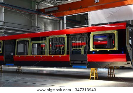 Inside Of The Rail Car Assembly Plant. Industrial Workshop For The Production Of European High Speed