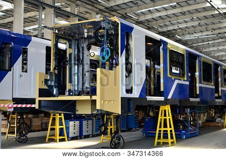 Inside Of The Rail Car Assembly Plant. Industrial Workshop For The Production Of European High Speed