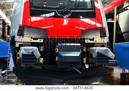 Inside Of The Rail Car Assembly Plant. Industrial Workshop For The Production Of High Speed Trains.
