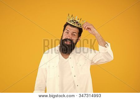 King Of Party. Egoist Selfish Man. Narcissistic Person. Superiority Complex. Bearded Man Wear White.
