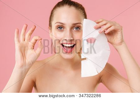 Close Up Half Naked Woman 20s Perfect Skin Nude Make Up Blue Eyes Tissue Fabric Textile Face Mask Is