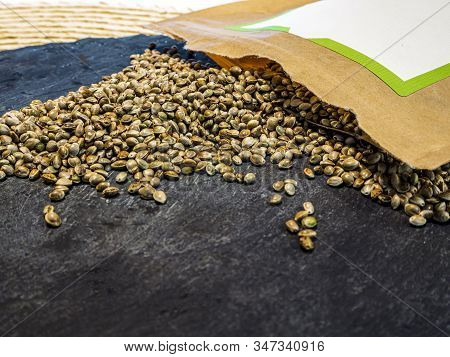 Packaging Cannabis Seeds, Marijuana, Light Drugs Prescribe, Alternative Remedy. Hemp Seeds. Top View