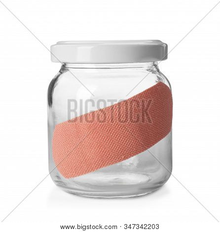 Glass Jar With Sticking Plaster Isolated On White
