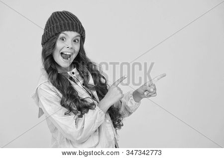 Choose Between Cutest And Trendiest. Girl Long Hair Yellow Background. Cold Season Concept. Winter F