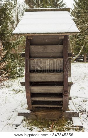 Exposed Wooden Water Mill Impeller With Canopy In Winter In Roznov Pod Radhostem In Czech Republic