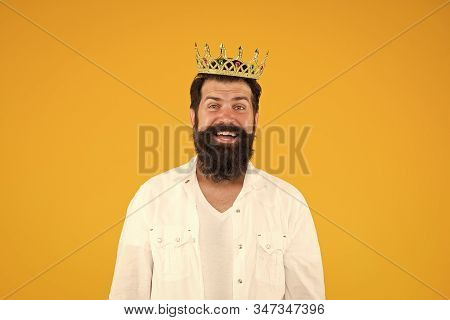 Real Happiness. Hipster Man King Costume Party. Brutal And Handsome Prince Yellow Background. Egoist