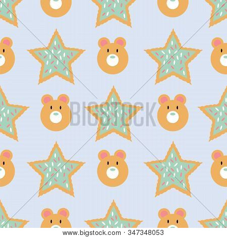 Seamless Pattern Of Winter Holiday Cookies With Icing And Shaped As Stars And Bears On A Blue Backgr