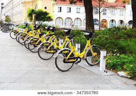 Bratislava, Slovakia - September 01, 2019: View Of Bicycles For Rent On Hurbanovo Square. The Servic