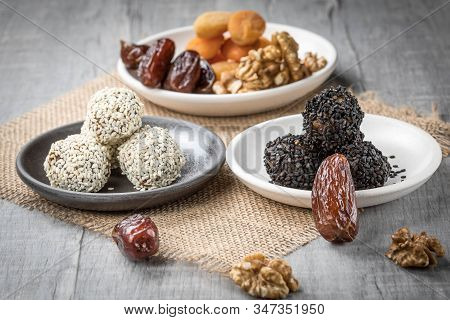Energy Protein Balls With Healthy Ingredients. Home Made With Dried Apricots, Dates, Plum, Almonds, 