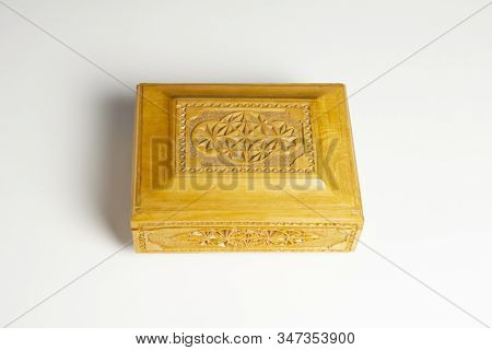 Closed Single Casket Isolated On White With Soft Shadows, Wooden Box, Wooden Chest, Treasure Chest.