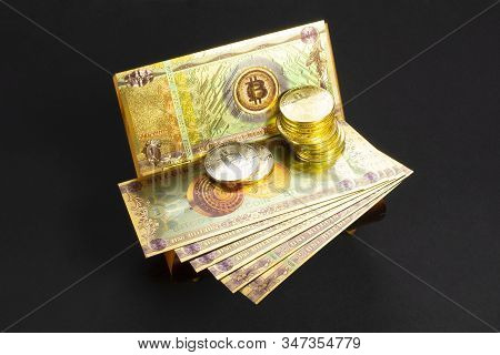 Bitcoin Banknotes And Golden Btc Coins On The Treasure Trove, Cryptocurrency In Wooden Chest, Gift,