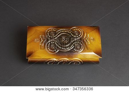 Closed Single Casket On Dark Paper Background, Wooden Box, Wooden Chest, Treasure Chest.