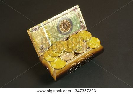 Golden Bitcoin Coins And Banknote In The Treasure Trove, Cryptocurrency In Wooden Chest, Gift, Decor