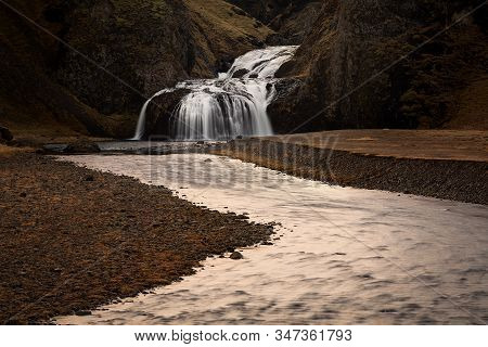 Stjornarfoss, Beautiful Waterfall In Kirkjubaejarklaustur In Iceland