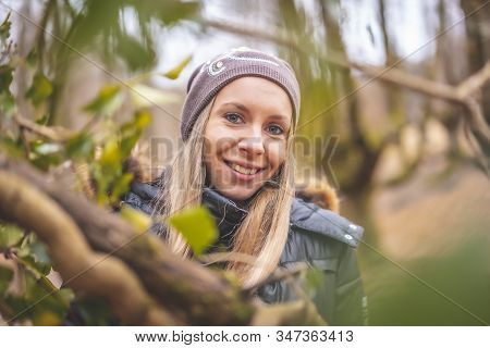 Portrait Of A Young Girl In The Otzarreta Forest In The Natural Park Of Gorbea, Bizkaia. Basque Coun