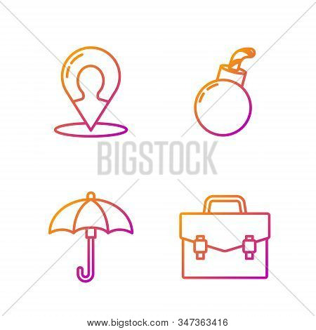 Set Line Briefcase, Umbrella, Map Marker With A Silhouette Of A Person And Bomb Ready To Explode. Gr