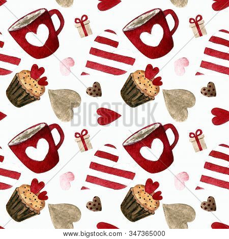 Seamless Pattern With Capcakes, Cup And Hearts On White Background Watercolor Illustration