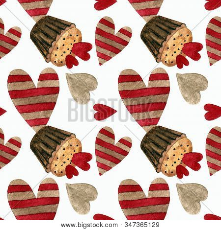 Seamless Pattern With Capcakes, Hearts On White Background Watercolor Illustration
