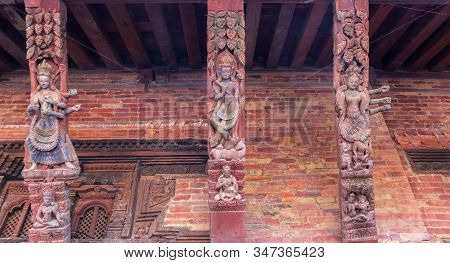 Pillars With Religious Wood Carving In The Sundari Chowk Temple In Patan, Nepal