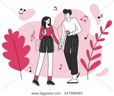 Couple In Love Vector Illustration. Dating, Favourite Song, Romantic Atmosphere. Smiling Young Pair 