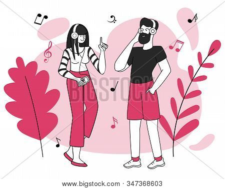 Friends, Smiling Young Couple Vector Illustration. Pleasure, Music Enjoyment, Good Mood. Boy And Gir
