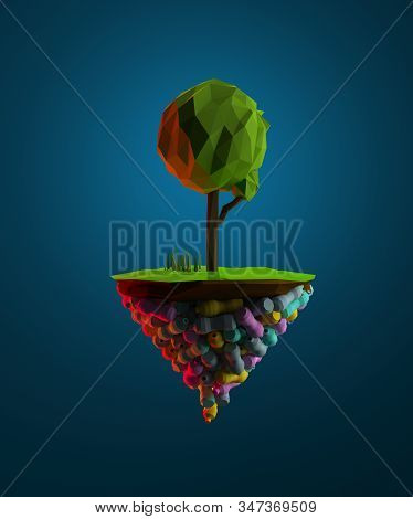 Low Polygonal 3d Illustration Geometric Tree Island Plastick Bottles Pollution. Abstract Low Poly St