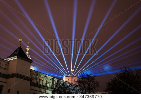 Vilnius, Lithuania - January 26, 2020: Gediminas Statue With Glowing Sword In Cathedral Square Illum