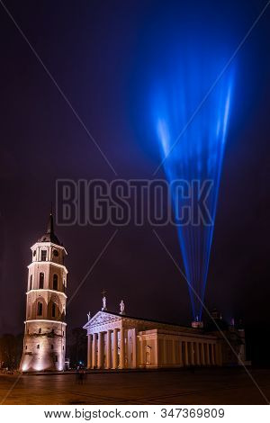 Vilnius, Lithuania - January 26, 2020: Vilnius Cathedral And Gediminas Castle Illuminated For 697  C