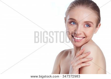 Portrait Of Beautiful Woman With Natural Make Up On White Background