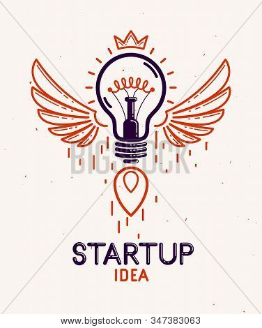 Idea Light Bulb With Wings Launching Like A Rocket Vector Linear Logo Or Icon, Creative Idea Startup