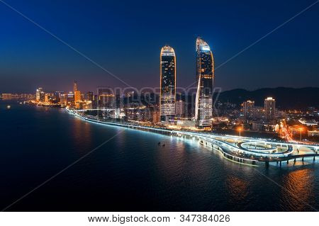 XIAMEN, CHINA â FEB 16: Aerial view of city at night on February 26, 2018 in Xiamen. Xiamen was ranked as China's 2nd-