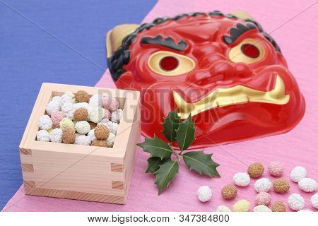 Japanese Traditional Setsubun Event, Masks Of Oni Demon And Soybeans Are Used On An Annual Event