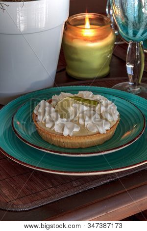 Green Keylime Pie Dessert On A Blue Plate