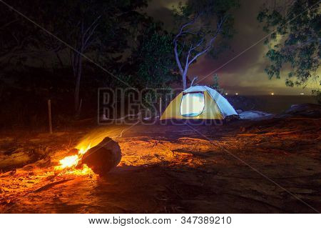 Camp Tent At Night View With Beautiful Nature & Forest In Gedung Ubat,tanjung Kubong Located At The 