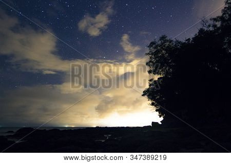 Night Landscape And Cloudy Starry Sky And Silhouette Of Trees In Gedung Ubat,tanjung Kubong,labuan P