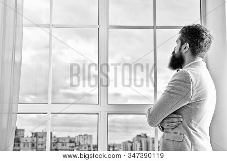Wedding Day. Groom Bearded Hipster Mature Man Wear Light Blue Tuxedo And Bow Tie. Man Stand At Windo