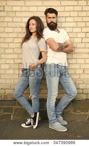 Casual Meeting. Casual Couple In Love. Boyfriend And Girlfriend Romantic Date. Man Bearded And Girl 