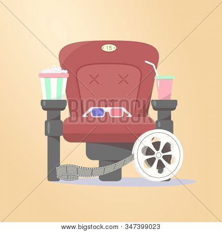 Cinema Banner With Theater Seat And 3dglasses, Popcorn And Soda, Filmstrip. Objects Isolated On A Wh