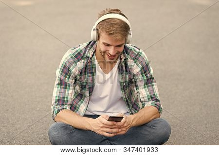 Surfing Internet. Man Checkered Shirt. Male Fashion. Student Relax Use Phone. Guy Chatting Outdoor. 