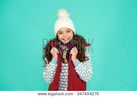 Cold Winter Days. Vacation Time. Stay Active During Season. Kid Wear Knitted Warm Clothes. Winter Vi