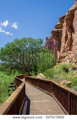 Boardwalk Along Wingate Sandstone Canyon Wall In Capitol Reef National Park, Utah.