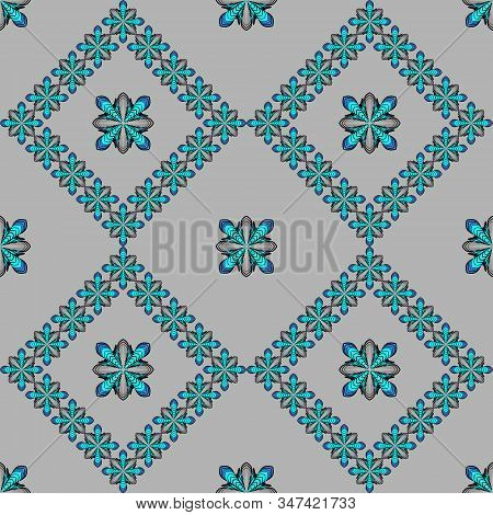 Seamless Floral Abstract Geometric Checkered Moresca Pattern. Repeating Decor Of Blue Cyan Flowers O