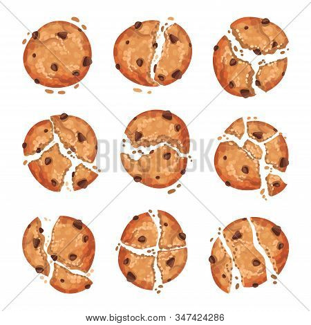 Oatmeal Cookies With Chocolate Crumbs Isolated On White Background Vector Set